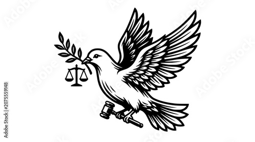 Schilderij op canvas Dove of Peace holding Scales of Justice and Gavel, symbol of legal fairness and