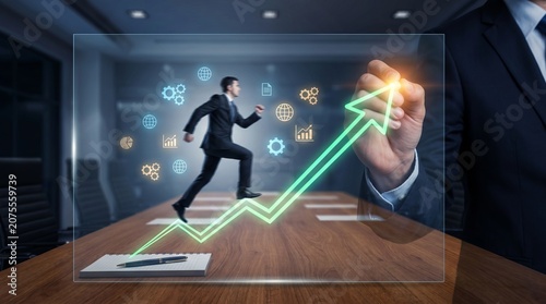 Professional businessman running toward a glowing green upward arrow in a futuristic office environment. Represents business acceleration, corporate growth, financial success, innovation