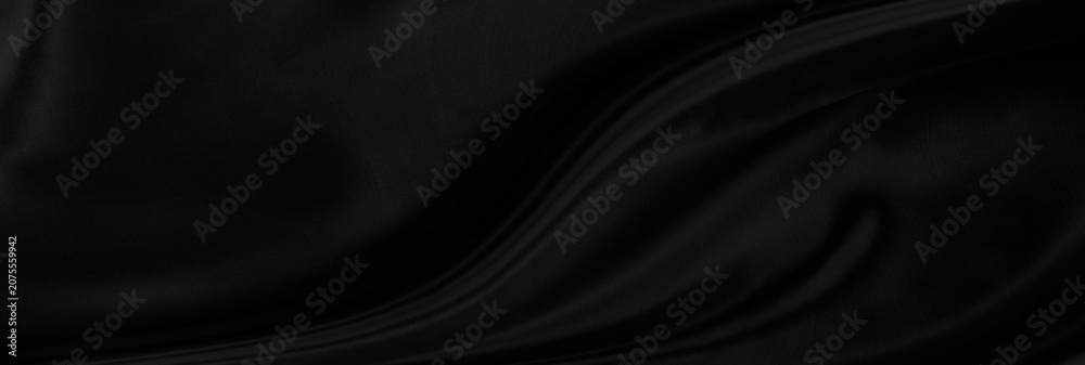 Fototapeta premium Black gray satin dark fabric texture luxurious shiny that is abstract silk cloth panorama background with patterns soft waves blur beautiful.