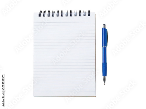 Spiral bound notebook with blue ballpoint pen isolated on transparent background for office supply concepts