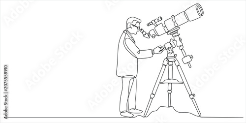 Slika na platnu Line drawing of a scientist using a telescope on a for educational or scientific