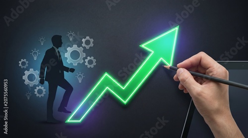 Elegant digital illustration of a glowing green upward arrow symbolizing corporate expansion, financial performance, strategic growth, investment opportunities, and long-term business success.