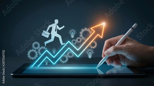 Dynamic illustration of a businessman running on an increasing financial graph with a glowing upward arrow. Perfect for concepts of business acceleration, career advancement, financial investment, mar