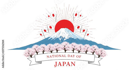 National Day Emblem with Sun, Mountains, and Cherry Blossom Banner.