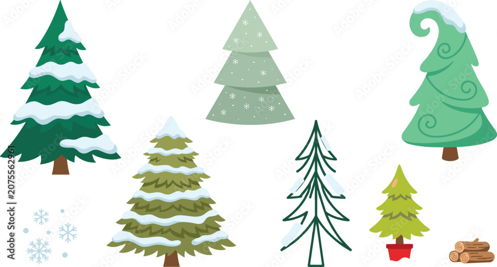 Fototapeta premium Winter Snow Covered Christmas Tree Collection with Evergreen Pine, Frosty Fir, Holiday Spruce, Decorative Conifer, and Seasonal Nature Vector Set