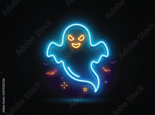 Εκτύπωση καμβά Neon ghost silhouette with glowing blue light effect for halloween background