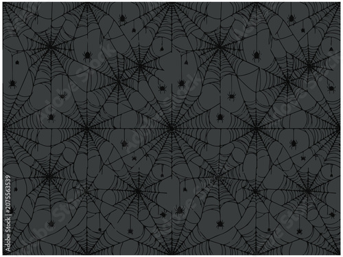 Seamless pattern with dark cobwebs and spiders.