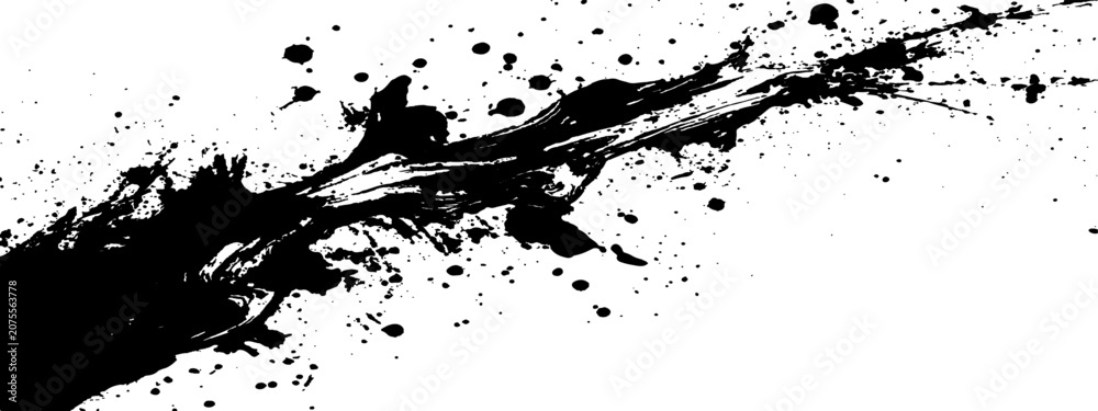Obraz premium Black distressed grunge ink smear and abstract paint splash texture isolated on white background vector illustration.