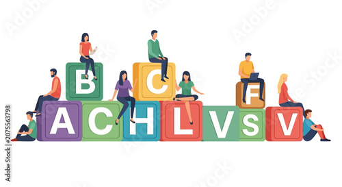 Vector Illustration of Diverse People Sitting on Large Colorful Alphabet Blocks Representing Education, Literacy, and Teamwork