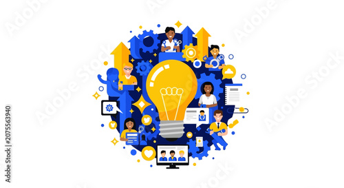Business Innovation and Creative Teamwork Concept Illustration with Diverse People, Light Bulb, Gears, and Growth Arrows on White Background