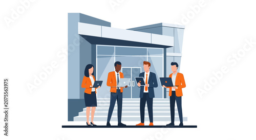 Diverse Business Team Using Laptops in Front of Modern Office Building - Corporate Vector Illustration