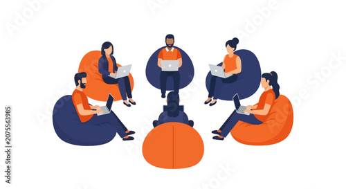 Diverse Creative Team Working on Laptops in a Circle Sitting on Beanbags Flat Vector Illustration