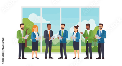 Diverse Business Professionals Team Meeting in Modern Office with Park View, Flat Vector Illustration of Multicultural Corporate Staff Collaborating and Networking