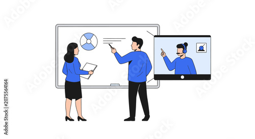 Business Team Presentation and Hybrid Meeting Concept Flat Vector Illustration with People at Whiteboard and Remote Participant on Screen