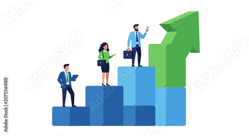 Business Growth and Career Success Concept: Professional Team on Rising Bar Graph with Upward Green Arrow Vector Illustration