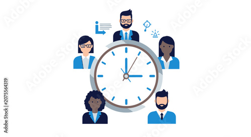 Time Management and Project Deadlines Concept Featuring Diverse Team of Professionals and Clock Illustration