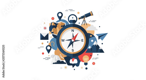 Flat Vector Illustration of Compass and Travel Elements for Adventure, Navigation, and Creative Exploration Concept