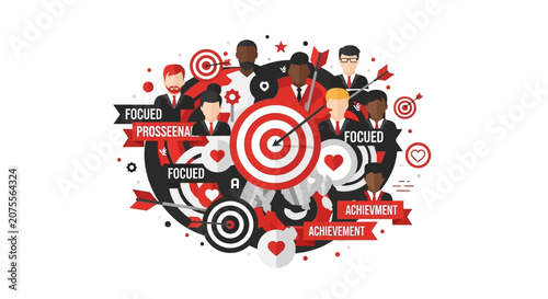 Diverse Business Team Achieving Goals Illustration with Bullseye Targets, Arrows, and Professional Characters on White Background