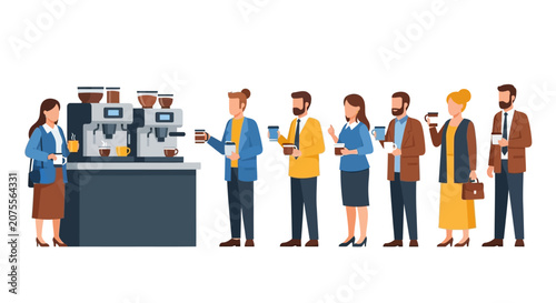 Professional Colleagues Queue for Coffee at Modern Espresso Machine in Office Breakroom Vector Illustration