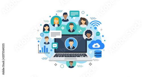 Global Remote Work and Virtual Team Collaboration Flat Vector Illustration with Laptop, Diverse Avatars, and Business Communication Icons