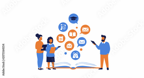Flat Vector Illustration of People Collaborating Around an Open Book with Educational and Communication Icons Representing Online Learning and Knowledge Sharing