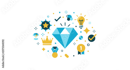 Business Success and Quality Icons Set with Large Diamond, Lightbulb, Crown, and Medals on White Background. Conceptual Flat Illustration for Achievement and Excellence.