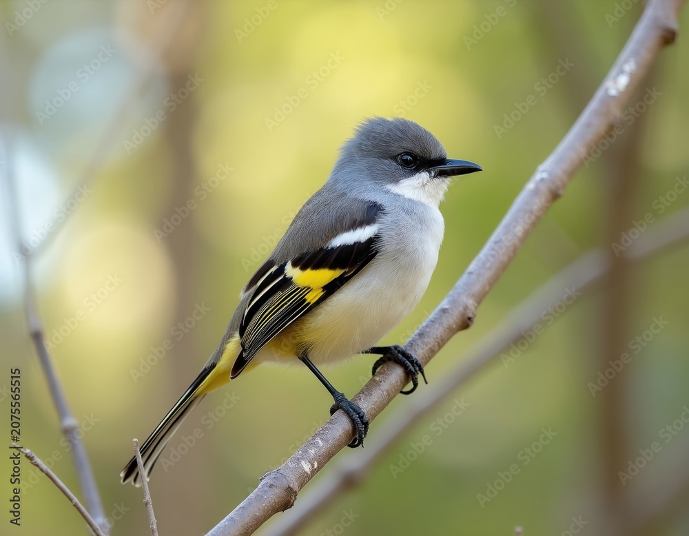 Obraz premium Small grey bird with yellow belly, white throat perched on bare branch. It has black wings with white stripes, long tail. Background is softly blurred green, yellow. This bird looks healthy, alert.