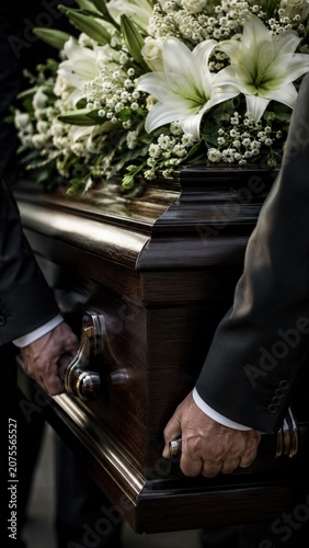 White Lilies on Wooden Casket Carried by Pallbearers