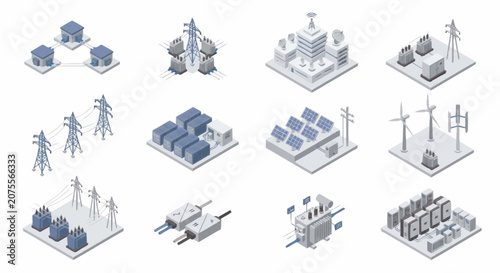 Isometric illustration of smart city and renewable energy infrastructure.