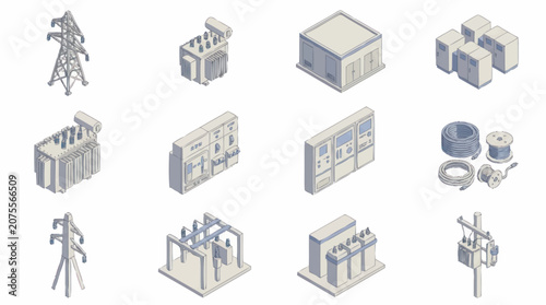 Isometric Industrial Equipment and Power Line Structures.