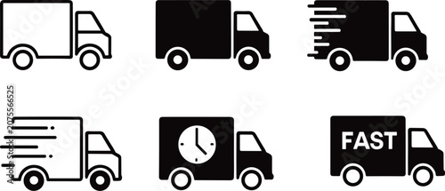 Fotografie Set of delivery truck icons illustrating shipping logistics fast freight transpo