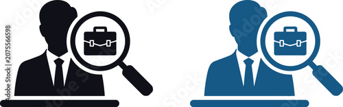 Business professional headhunting icon showing a magnifying glass focusing on a briefcase representing recruitment and career search with recruitment