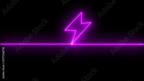 Abstract orange neon glowing battery charging icon animation on black background.Glowing neon lightning bolt icon, Violet orange color battery icon, Battery charging animation.