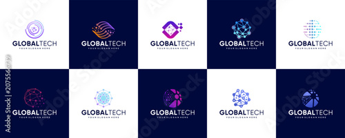 global technology logo collection, circular abstract shapes, digital services, connection networks, vector design illustration.