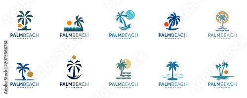 Foto collection of holiday logos, with the concept of pine trees and beaches, tourist destinations, travel, vector design inspiration