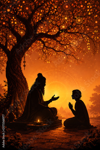 Guru purnima enlightened guru blessing devoted child under glowing sacred tree with diyas for hindu relegious festival wisdom devotion and guidance peace
