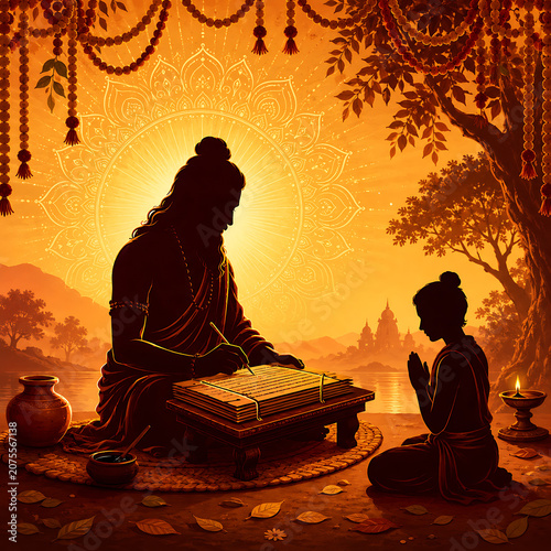 Guru purnima sage writing sacred scripture while disciple prays near river temple for hindu relegious festival knowledge devotion and spiritual wisdom learning