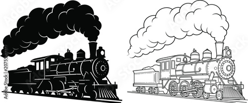 Photos Train Steam Engine Silhouette and Outline Line Art Vector Illustrations with Smo