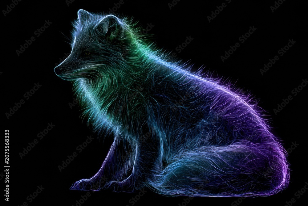 Fototapeta premium An arctic fox is depicted in side view with neon blue and white fur, surrounded by bright green and violet light on a black background.