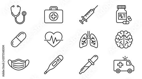 Medical line art icons set with healthcare medicine and hospital linear symbols vector
