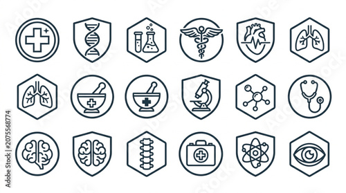 Minimal medical badge vector set with modern linear healthcare and science emblems