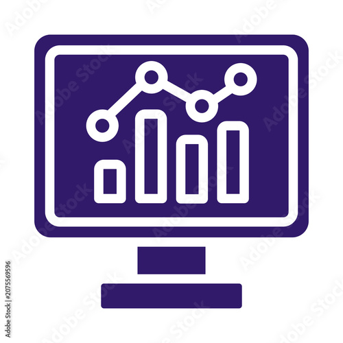 Purple computer monitor icon featuring a business bar chart and line graph symbol transparent background