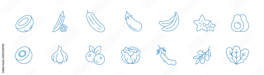 Naklejka premium fruit and Vegetable black liner Icon Set – Healthy Food Collection, EPS 10