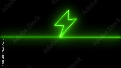 Abstract orange neon glowing battery charging icon animation on black background.Glowing neon lightning bolt icon, Violet orange color battery icon, Battery charging animation.