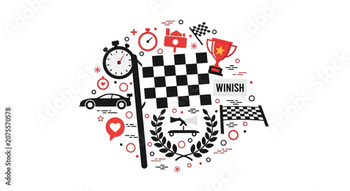 Racing and Competition Concept Illustration with Checkered Flag, Trophy, and Stopwatch Icons on White Background