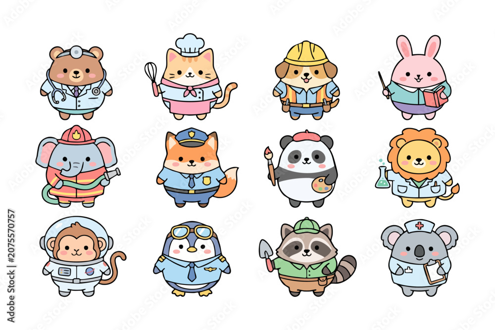 Fototapeta premium Cute Kawaii Animal Profession Seamless Pattern Vector with Career Mascots for Fabric, Wallpaper and Kids Products