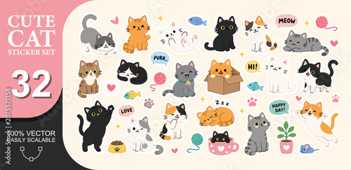 Obraz na płótnie Adorable cat sticker set featuring cute kittens playing sleeping and interacting with toy objects for scrapbooking