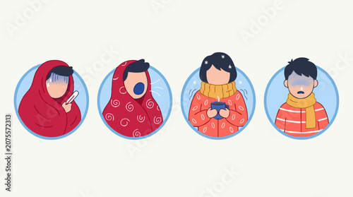 Картината върху платно People with Cold and Flu Symptoms: Fever, Cough, Chills, Runny Nose Illustration