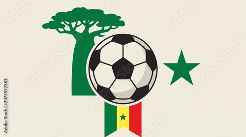 Senegal Football Concept Vector with Red Baobab Tree and Green Star, West African Soccer Tournament Banner Graphic, African Cup Emblem Template