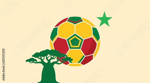 Senegal Football Concept Vector with Red Baobab Tree and Green Star, West African Soccer Tournament Banner Graphic, African Cup Emblem Template